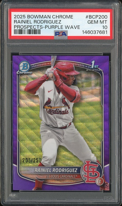 2025 Bowman Chrome Prospects Rainiel Rodriguez #BCP200 Purple Wave /250 PSA 10