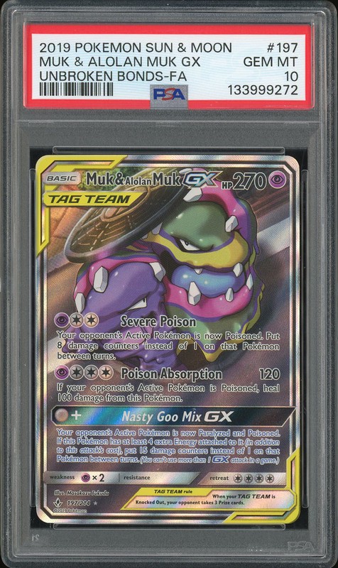 2019 Pokemon Sun & Moon Unbroken Bonds Full Art Muk & Alolan Muk GX #197 PSA 10