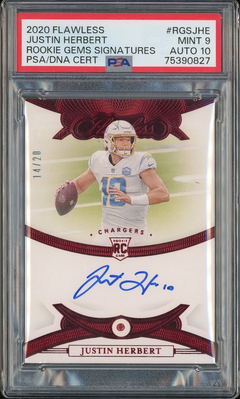2020 Flawless Rookie Gems Signatures Justin Herbert #RGS-JHE Ruby Autograph /20 PSA 9 Auto 10