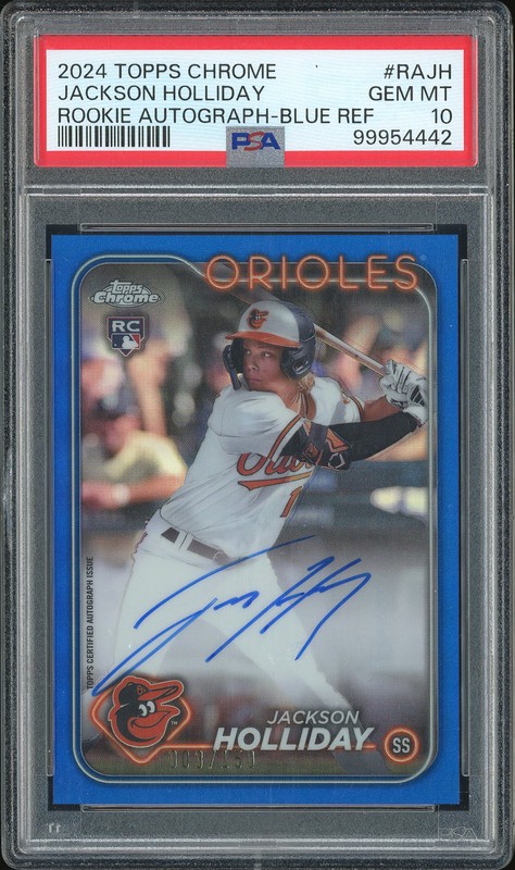 2024 Topps Chrome Rookie Autographs Jackson Holliday #RA-JH Blue Refractor Autograph /150 PSA 10