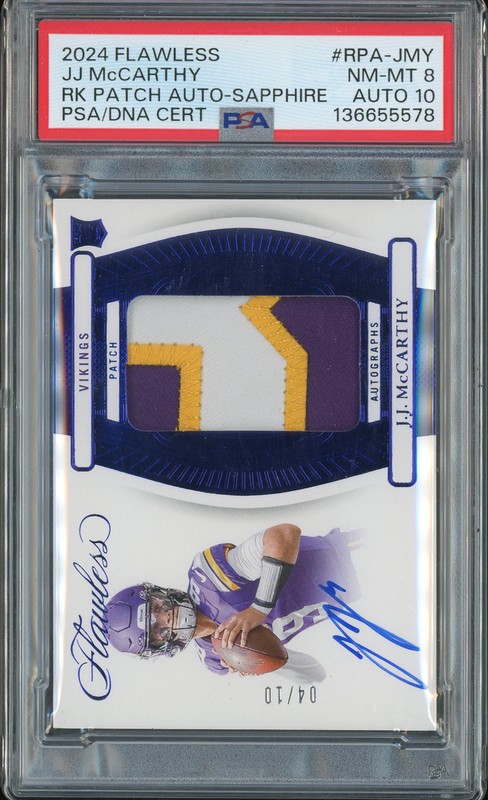 2024 Flawless Rookie Patch Autographs JJ McCarthy #RPA-JMY Sapphire /10 PSA 8 Auto 10