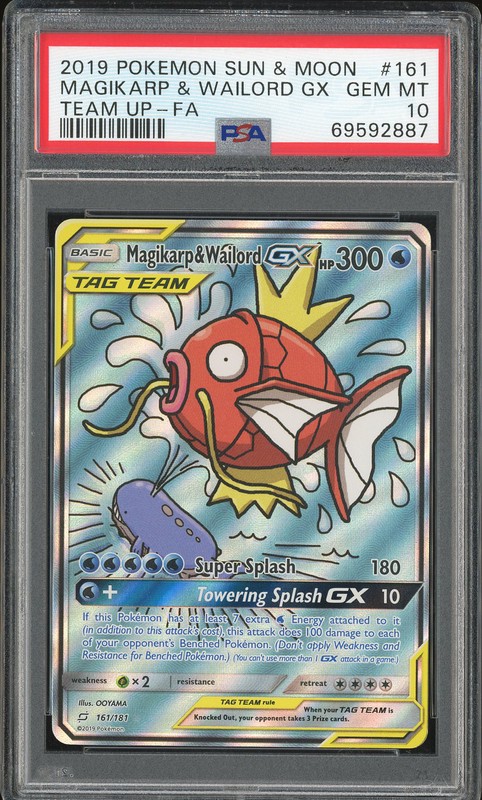 2019 Pokemon Sun & Moon Team Up Full Art Magikarp & Wailord GX #161 PSA 10