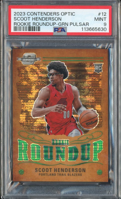 2023 Contenders Optic Rookie Roundup Scoot Henderson #12 Green Pulsar /25 PSA 9