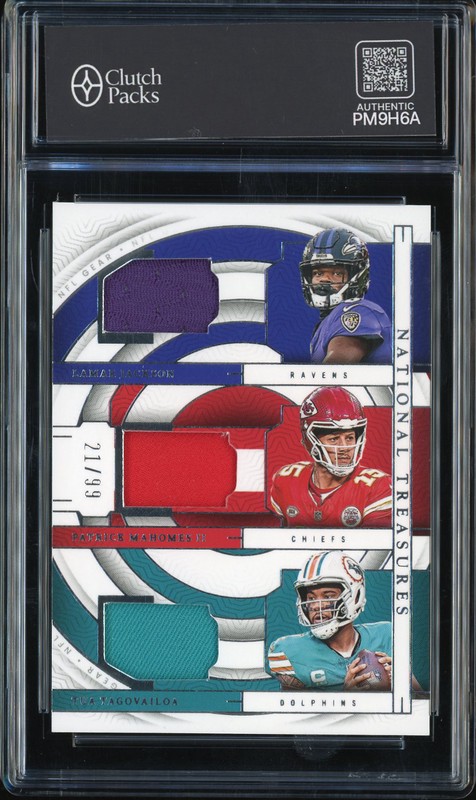 2023 Panini National Treasures Gear Trios AFC Lamar Jackson Patrick Mahomes II Tua Tagovailoa #GTM-AFC /99