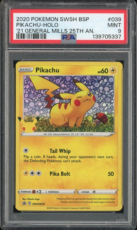 2020 Pokemon SWSH Black Star Promos '21 General Mills 25th Anniversary Pikachu #SWSH039 Holo PSA 9
