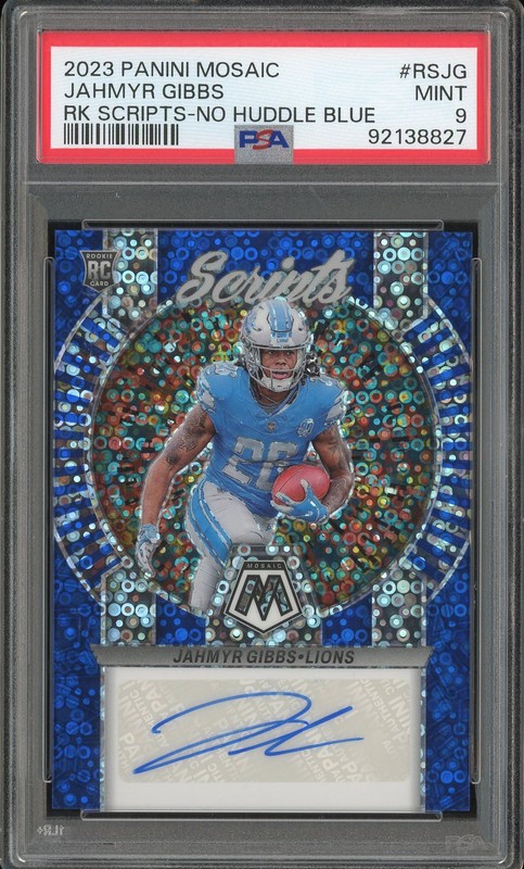2023 Panini Mosaic Rookie Scripts Jahmyr Gibbs #RS-JG No Huddle Blue Autograph PSA 9