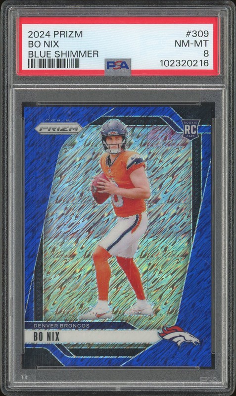 2024 Panini Prizm Bo Nix #309 Blue Shimmer /25 PSA 8