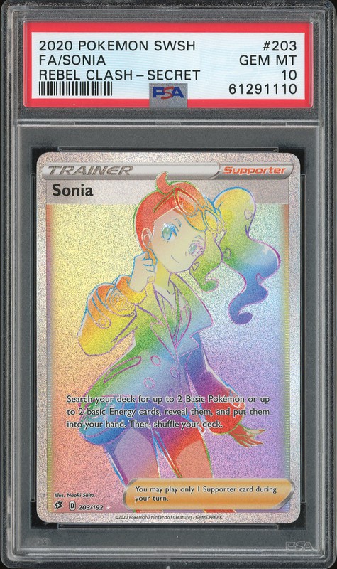 2020 Pokemon SWSH Rebel Clash Secret Sonia #203 PSA 10