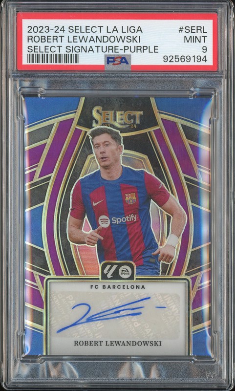2023-24 Panini Select La Liga Select Signatures Robert Lewandowski #SERL Purple Prizm Auto /25 PSA 9