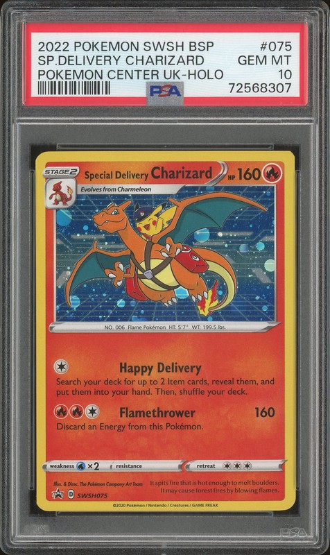 2022 Pokemon SWSH Black Star Promos Pokemon Center UK Special Delivery Charizard #SWSH075 Cosmos Holo PSA 10