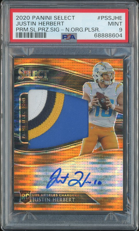 2020 Panini Select Prime Selections Justin Herbert #PSS-JHE Orange Pulsar Patch Auto /25 PSA 9