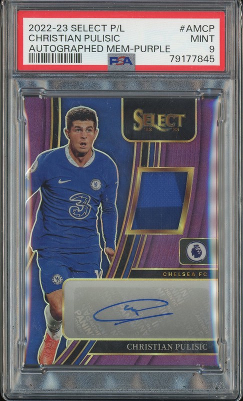 2022-23 Panini Select Premier League Autographed Memorabilia Christian Pulisic #AM-CP Purple Autograph Patch /5 PSA 9