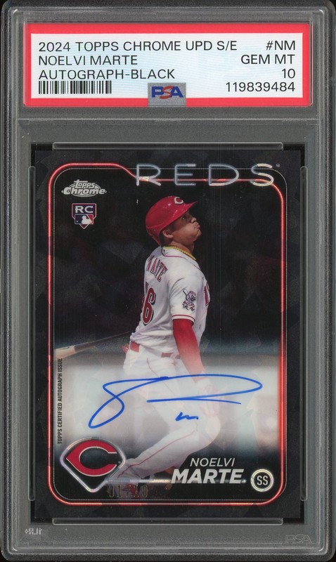 2024 Topps Chrome Update Sapphire Edition Rookie Autographs Noelvi Marte #USA-NM Black /10 PSA 10