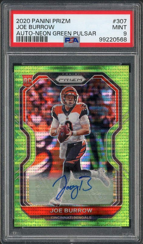2020 Panini Prizm Joe Burrow #307 Neon Green Pulsar Autograph PSA 9
