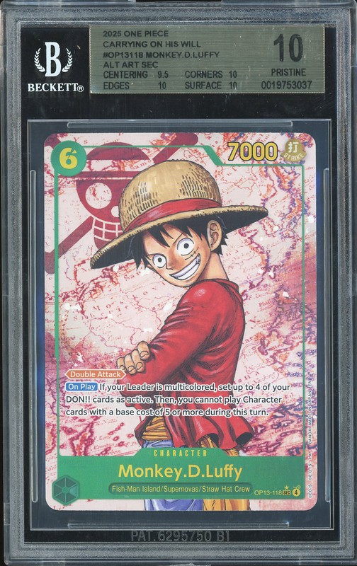 One Piece Monkey.D.Luffy #OP13-118 Carrying On His Will Alt Art SEC BGS 10